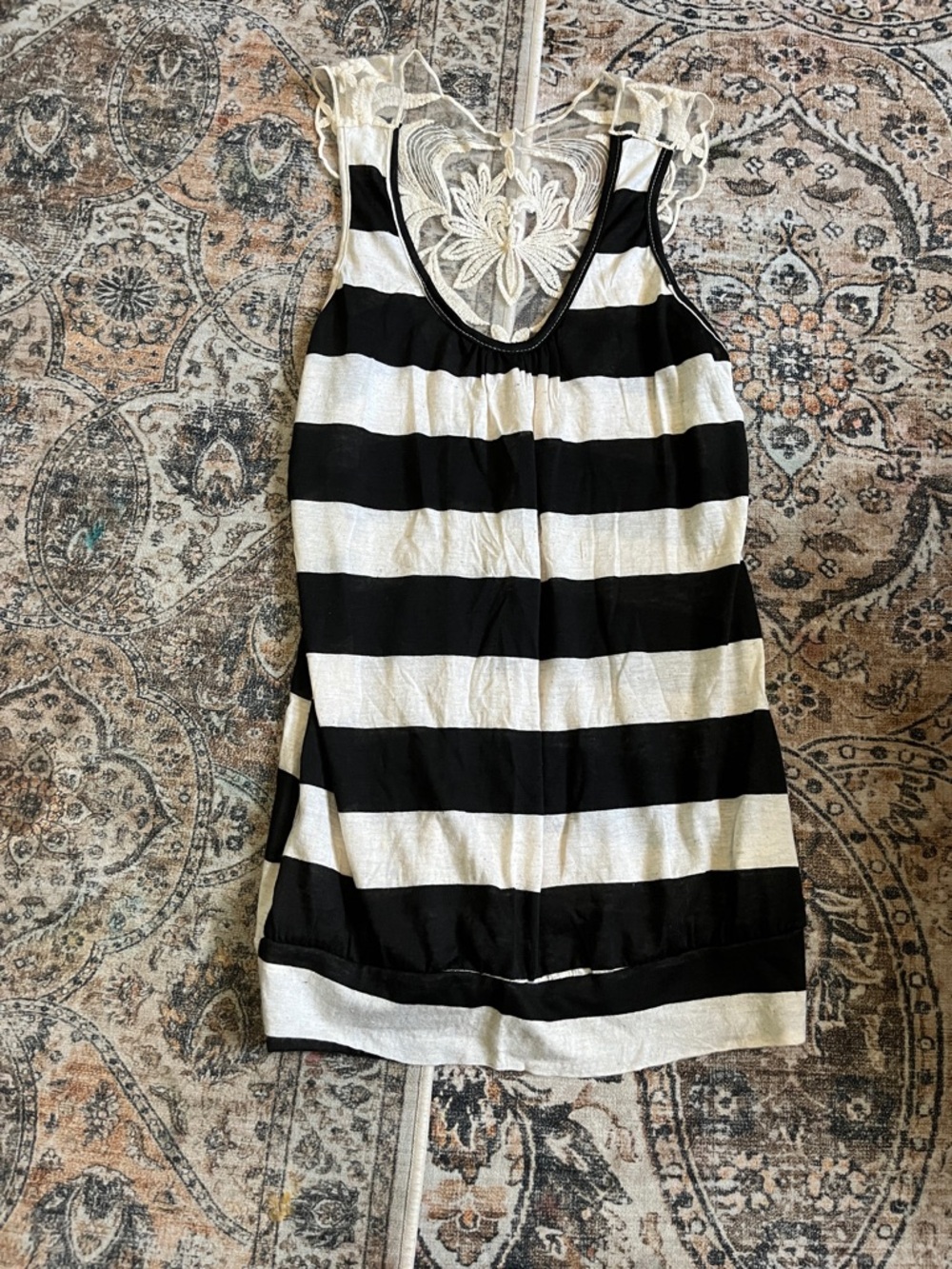 Black and White Striped Lace-Back Tank Top